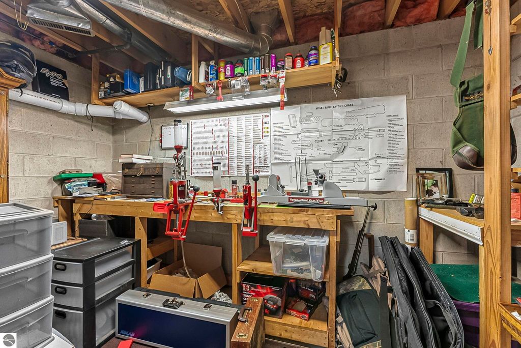 Workshop area with organized tools, equipment, and storage containers, featuring a workbench with reloading equipment and a chart on the wall, ideal for hobbies and projects.