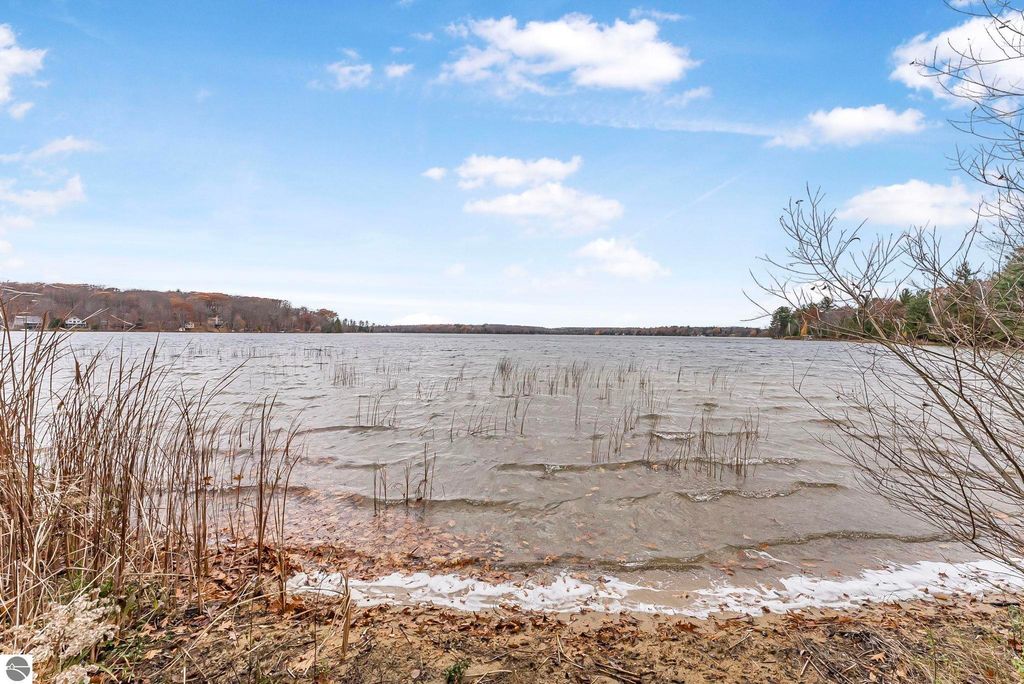 Lake Ann waterfront view featuring gentle waves, grassy shoreline, and a backdrop of trees, highlighting the serene lakefront lifestyle at 5347 Birch Glen Road, Lake Ann, MI.