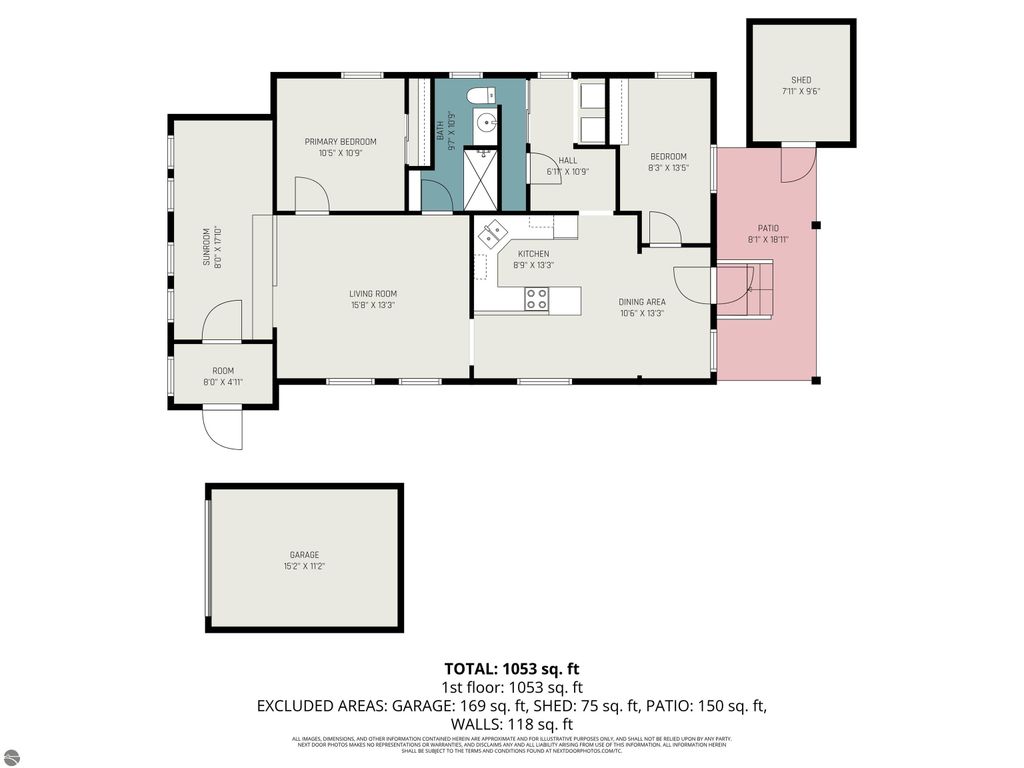 Floor plan of a 2-bedroom, 1-bathroom home at 1435 E Broadway Street, Mt Pleasant, MI, showing layout of rooms, garage, and outdoor shed, with total area of 1,053 sq ft.