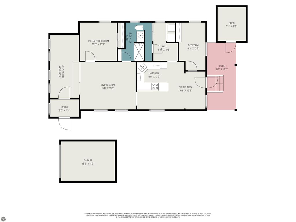 Floor plan of 2-bedroom, 1-bath home at 1435 E Broadway Street, Mt Pleasant, MI, featuring living room, kitchen, dining area, and garage layout.
