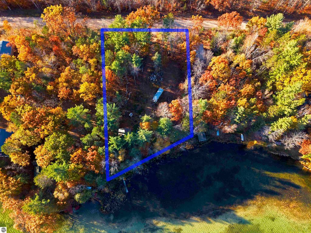 Aerial view of wooded land with vibrant autumn foliage, outlined in blue, adjacent to Pickerel Lake, showcasing potential building site for a dream home or getaway in Kalkaska, MI.