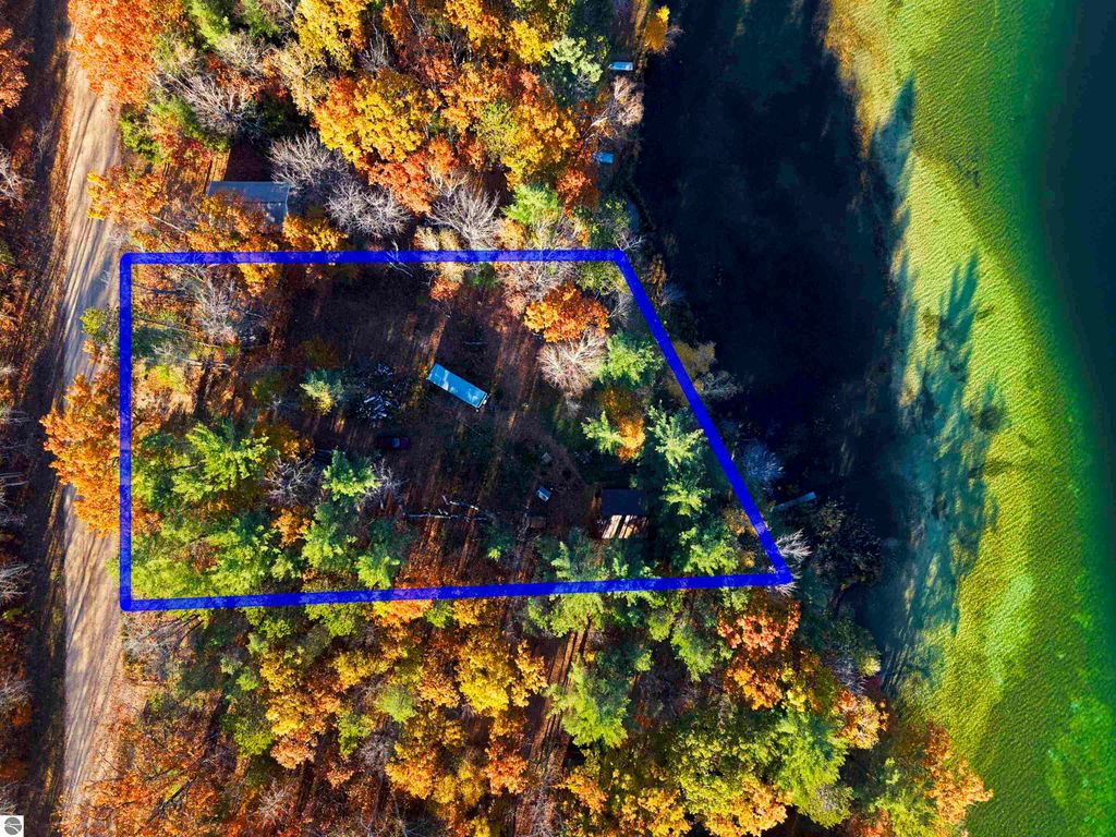 Aerial view of wooded waterfront property at 6320 Woodland Drive NE, Kalkaska, MI, featuring vibrant autumn foliage, blue outline indicating parcel boundaries, and clear waters of Pickerel Lake.