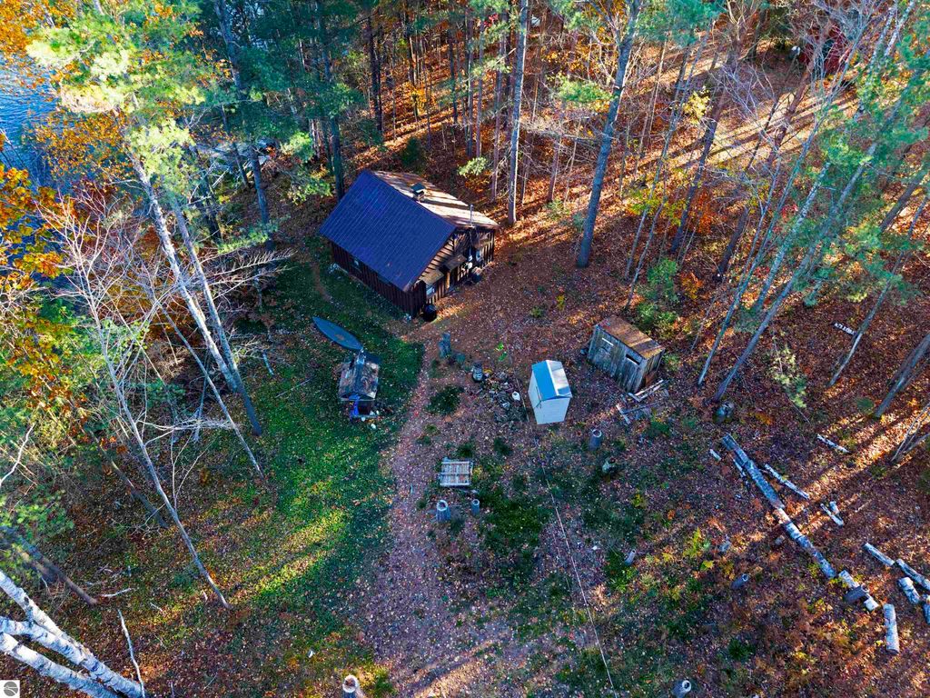 Aerial view of a rustic cabin surrounded by autumn foliage near Pickerel Lake, featuring a small shed and outdoor space ready for development, ideal for a dream home or getaway.