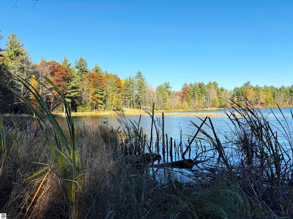 Scenic view of Pickerel Lake in Kalkaska, MI, featuring vibrant autumn foliage, calm waters, and lush grasses, ideal for building a dream home or getaway.