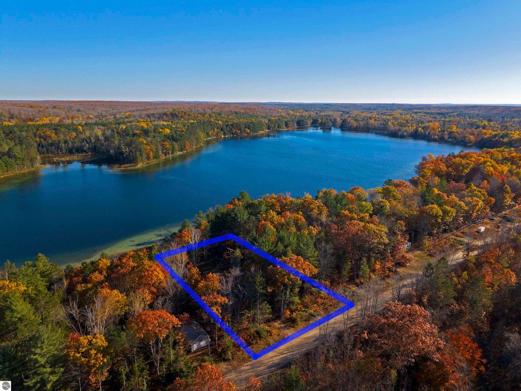 Aerial view of wooded land with blue outline, showcasing waterfront access to Pickerel Lake, surrounded by vibrant autumn foliage in Kalkaska, MI.