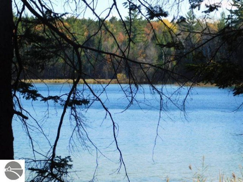 Scenic view of Pickerel Lake framed by trees, showcasing clear blue water and surrounding forest, ideal for building a dream home or getaway near Kalkaska, MI.