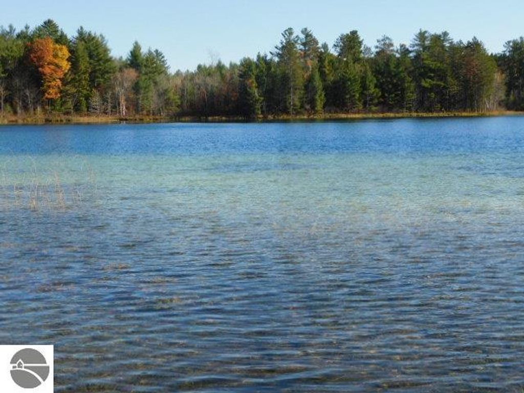 Pristine Pickerel Lake with clear blue-green waters and surrounding forest, ideal for building a dream home or getaway in Kalkaska, MI.