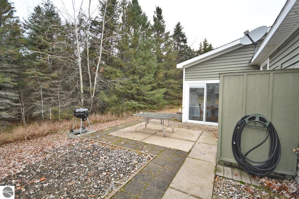 Outdoor patio area of a residential property in Maple City, MI, featuring a grill, table, and views of surrounding trees, highlighting the homestead lifestyle on nearly 10 acres.