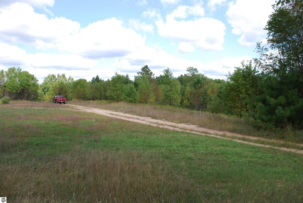 Red truck parked on a dirt road surrounded by grassy land and trees, showcasing a 1.68-acre buildable site on Little Lane, Kalkaska, MI.