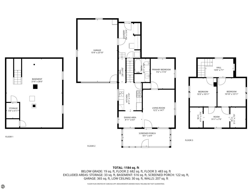 Floor plan of a residential property at 310 E Euclid Street, McBain, MI, detailing layout with measurements for garage, bedrooms, living areas, and storage spaces, highlighting functional design and space distribution.