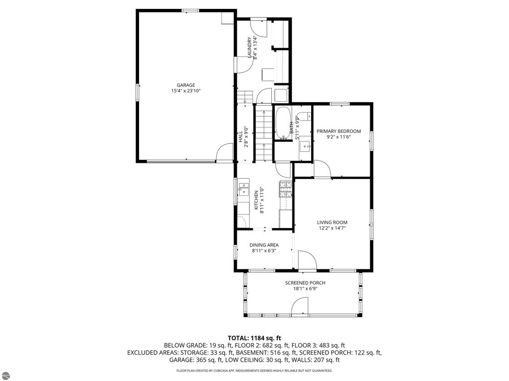 Floor plan of a 3-bedroom, 1-bath home at 310 E Euclid Street, McBain, MI, featuring garage, laundry, and screened porch, totaling 1,184 sq ft.