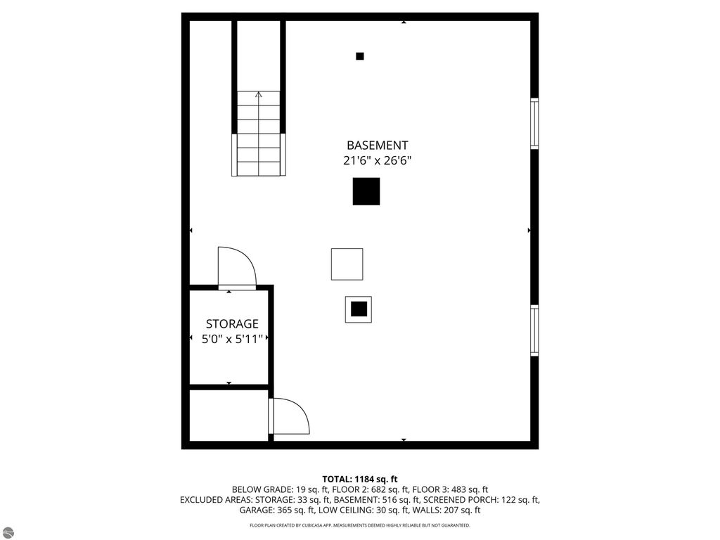 Floor plan of a residential property at 310 E Euclid Street, McBain, MI, showing layout with basement, storage area, and dimensions for each room.