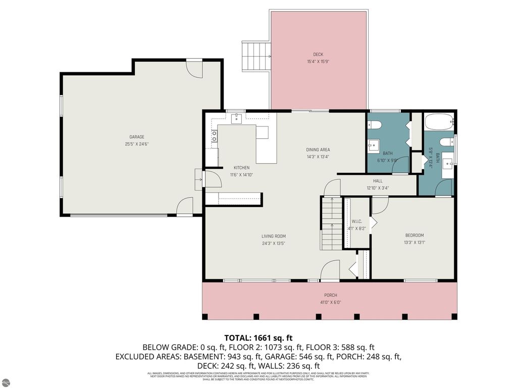 Floor plan of a 3-bedroom, 2-bath home at 1932 Churchill Boulevard, Mt Pleasant, MI, highlighting layout and dimensions of living areas, kitchen, garage, and deck.