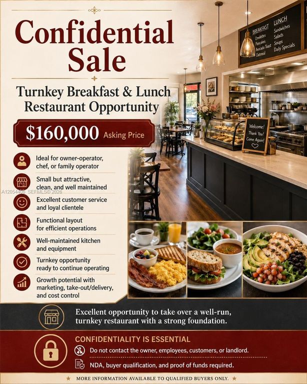 Confidential Turnkey Breakfast & Lunch Restaurant, Miami, FL 33165