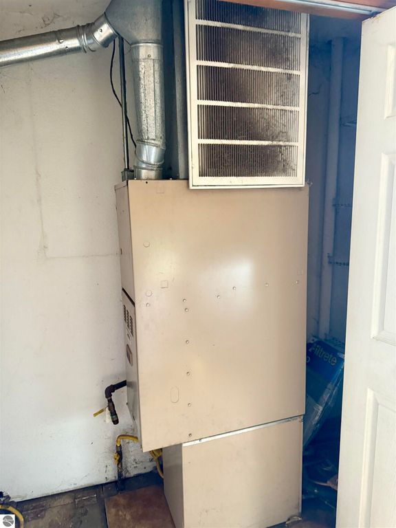 Heating system installed in a utility room of a home at 325 Main Street, Breckenridge, featuring a furnace with ductwork and a filter, relevant to the property listing's interior features.