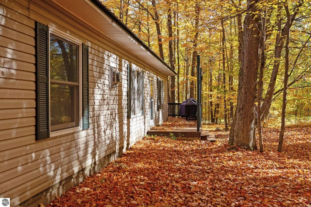 Side view of a 3-bedroom, 2-bath home in Kalkaska, MI, surrounded by vibrant autumn foliage and a carpet of fallen leaves, showcasing the outdoor living space and natural setting.