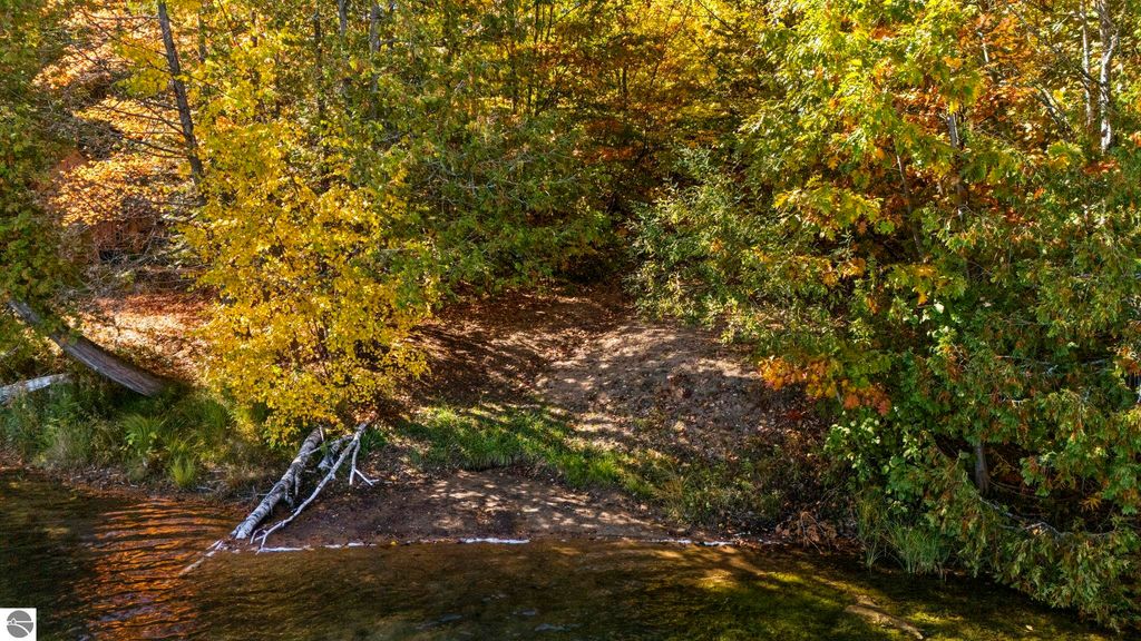 Scenic view of a tranquil shoreline with autumn foliage, featuring vibrant yellow and green trees along the edge of North Blue Lake, ideal for outdoor activities like swimming and kayaking.