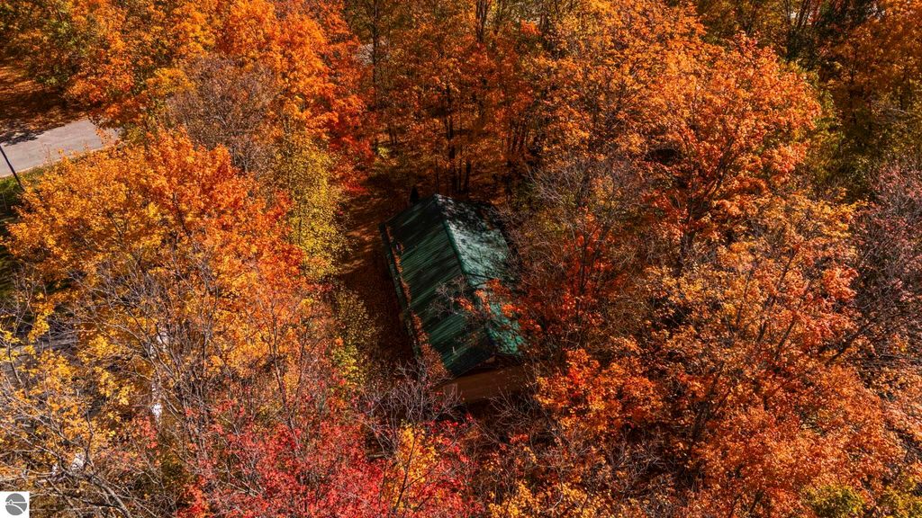 Aerial view of a secluded home surrounded by vibrant autumn foliage, showcasing a green metal roof amidst a landscape of orange, red, and yellow leaves, highlighting the serene and natural beauty of the Blue Lake Heights community in Kalkaska, MI.