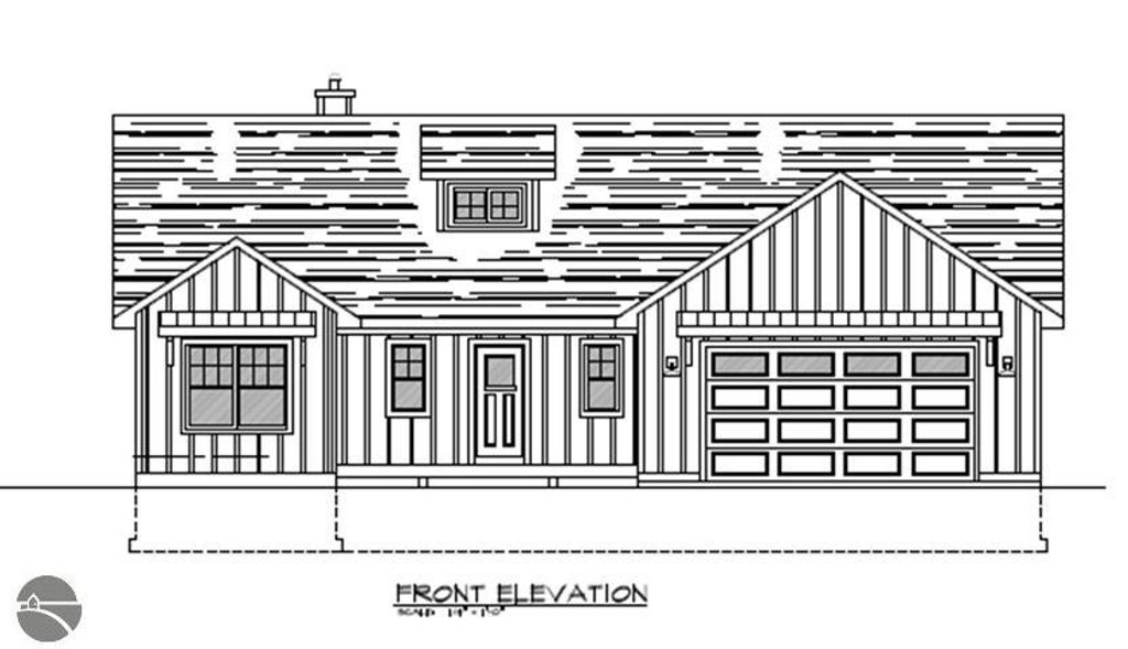 Custom front elevation design of a home, featuring a gabled roof, large garage door, and multiple windows, representing a proposed build for a property in Traverse City, MI.