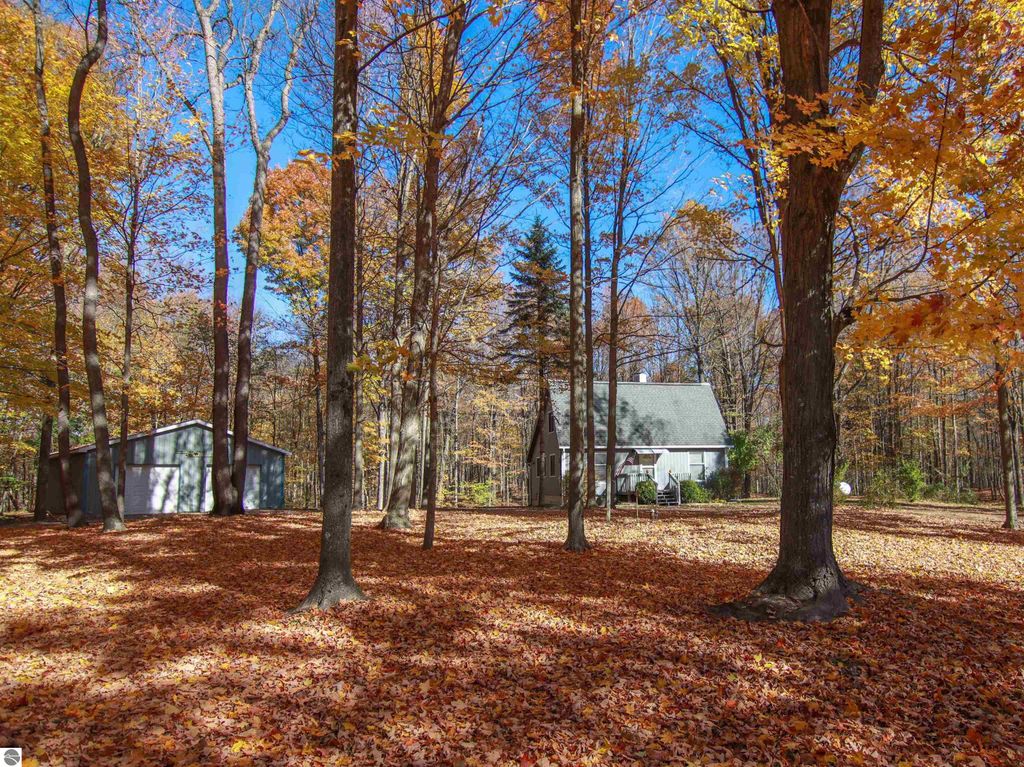 3-bedroom, 2-bath saltbox style home surrounded by autumn foliage on 8.75 acres, featuring a detached pole barn and scenic views of wooded hills.