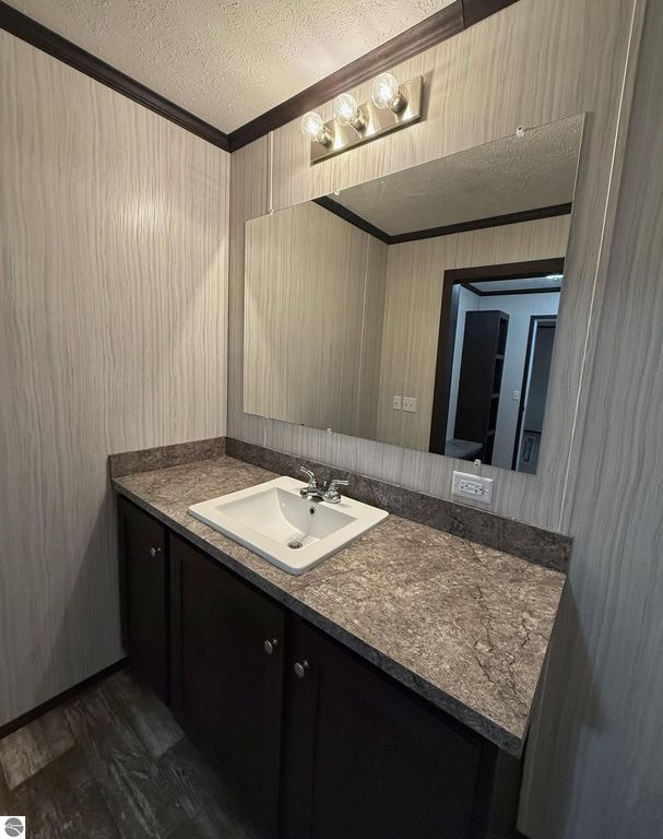 Bathroom vanity with a white sink, dark cabinetry, and modern lighting, featuring a large mirror and textured wall design, showcasing the interior of the home at 1032 Pebble Creek, Mt Pleasant, MI.