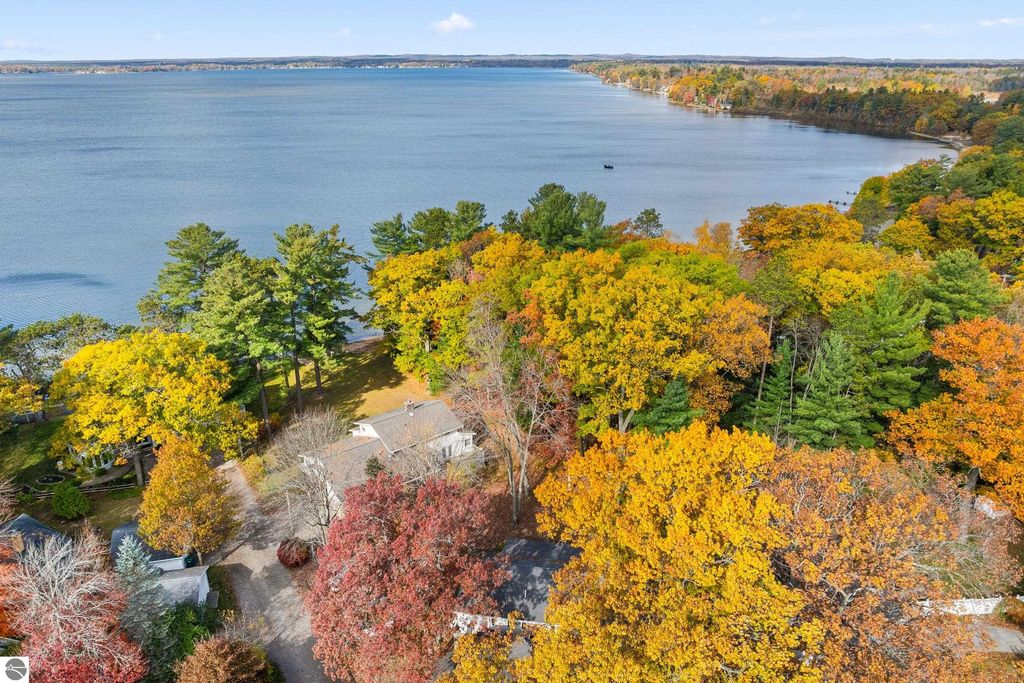Aerial view of a residential property at 396 Davenport Lane, surrounded by vibrant fall foliage and approximately 250 ft. of Lake Mitchell frontage, showcasing a serene lakeside setting ideal for outdoor activities.