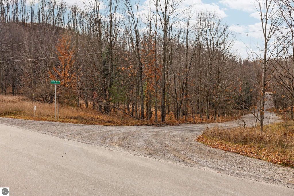 Gravel road intersection surrounded by autumn trees, leading to wooded lots for sale in Rapid City, MI, ideal for building a dream home or retreat.