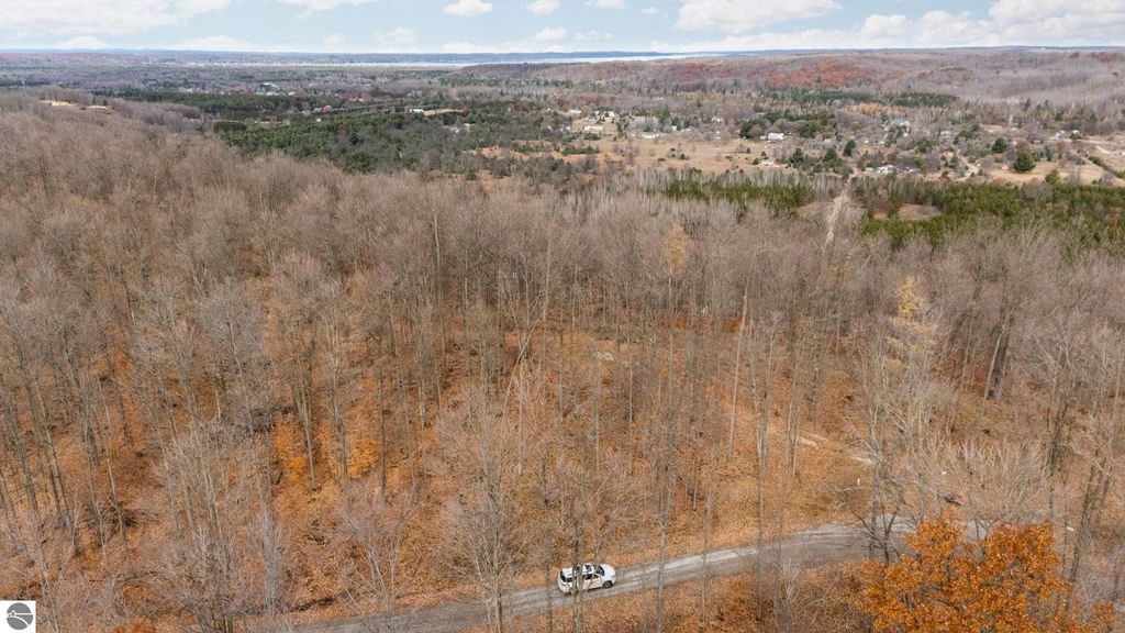 Aerial view of wooded land parcel along a private road in Rapid City, MI, showcasing 5.51 acres of cleared and wooded areas, ideal for building a dream home or retreat.