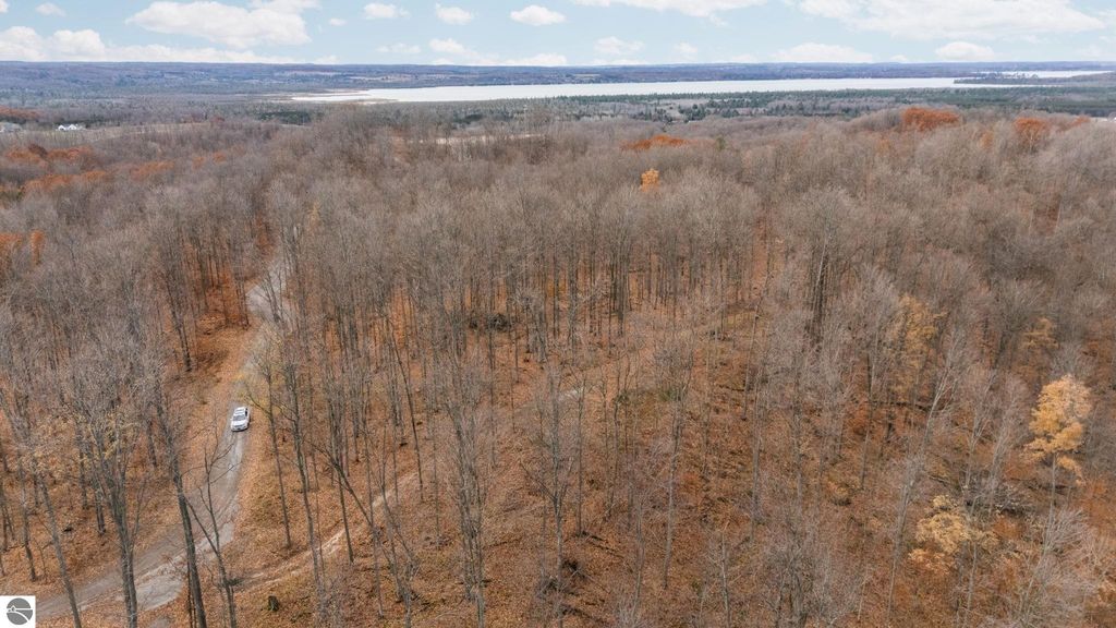 Aerial view of wooded land along a winding private road in Northern Michigan, showcasing fall foliage and proximity to water bodies, ideal for potential home sites in Rapid City.