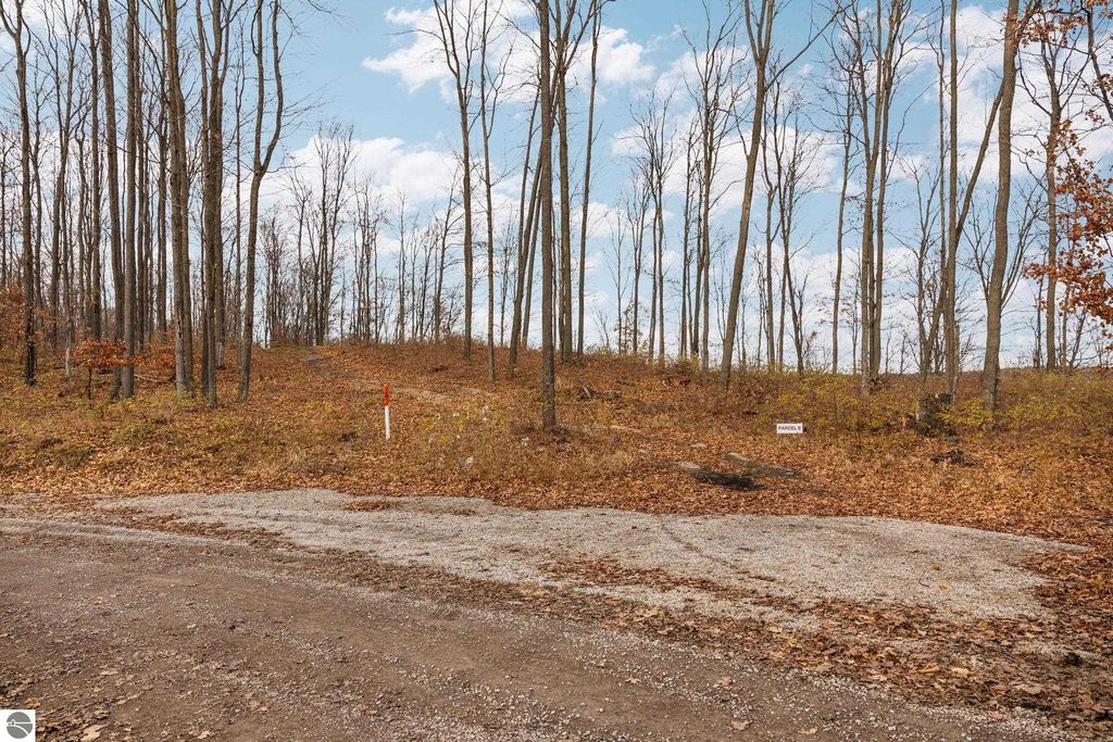 Cleared land with gravel access road, surrounded by trees and autumn foliage, suitable for building a home in Northern Michigan near Rapid City.