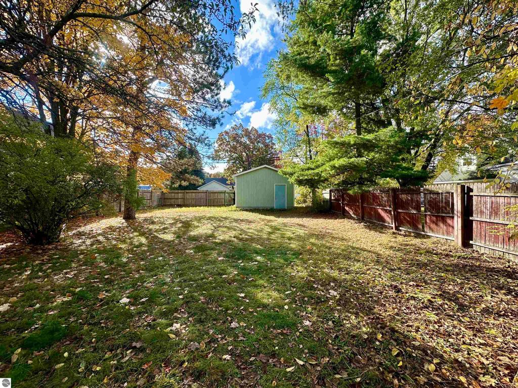Spacious backyard of 209 W Fifteenth Street, Traverse City, featuring a green shed, surrounded by trees and a wooden fence, with autumn leaves scattered on the grass.