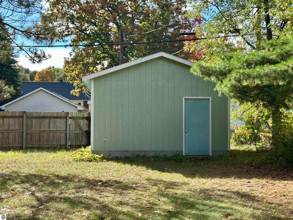Green storage shed in backyard of Traverse City home, surrounded by trees and a wooden fence, highlighting outdoor space and potential for property enhancements.