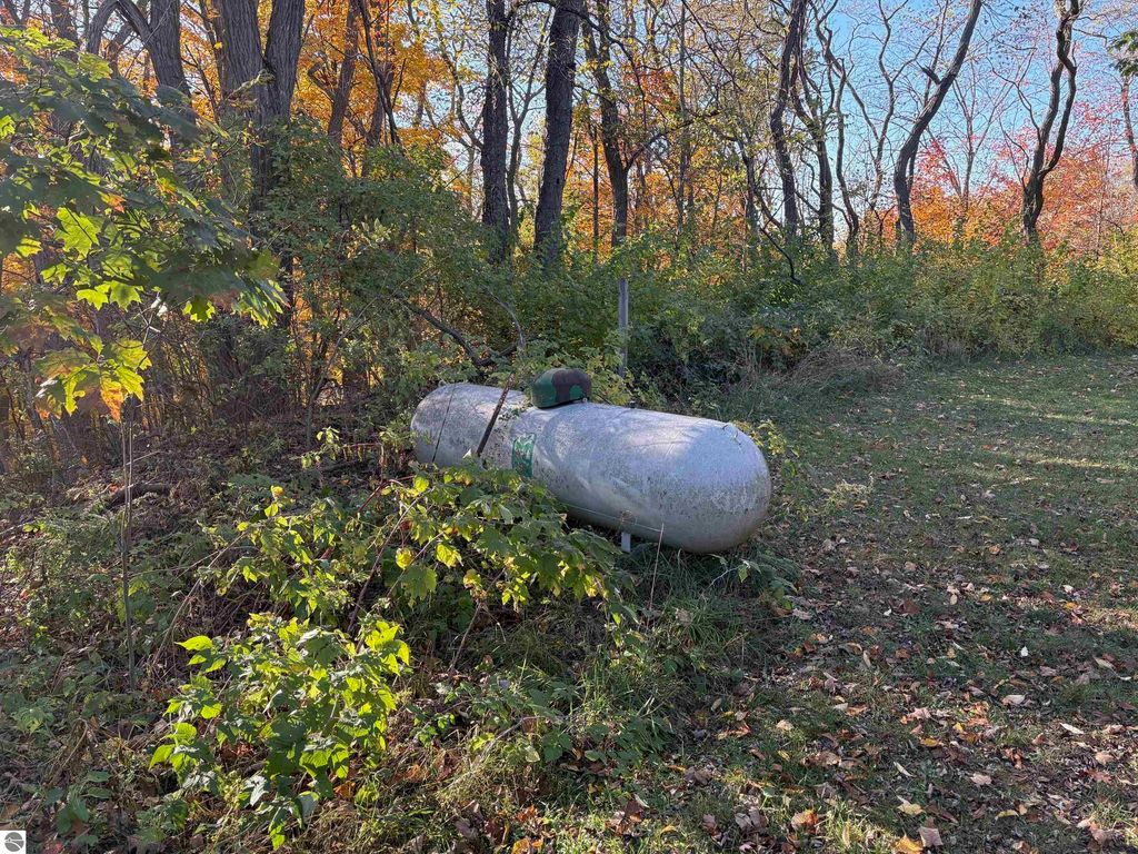 Propane tank surrounded by autumn foliage and trees near 8721 Glover Lake Road, Bear Lake, MI, highlighting outdoor features of the property.