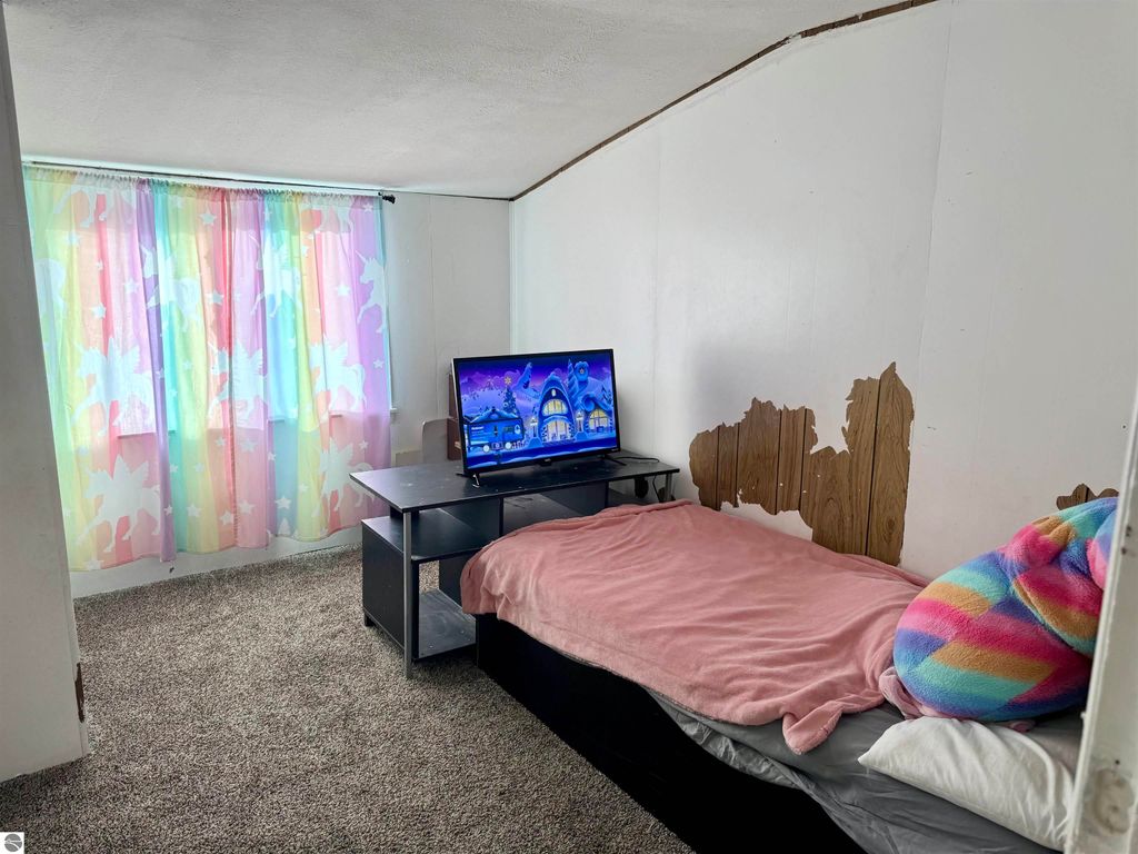 Cozy bedroom featuring a bed with a pink blanket, a colorful striped pillow, and a TV on a black stand, illuminated by natural light through pastel-colored curtains, with visible wall damage.