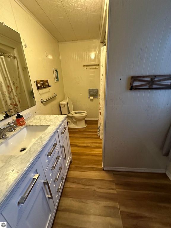 Bathroom interior featuring a white vanity with marble countertop, mirror, and wooden flooring, alongside a toilet and shower area, emphasizing modern amenities in a country home setting.