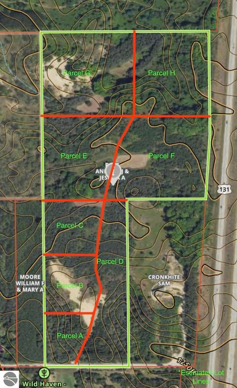 Map highlighting land parcels in Manton, MI, with labeled sections including Parcel D, E, F, G, and H, showcasing potential real estate opportunities for buyers.