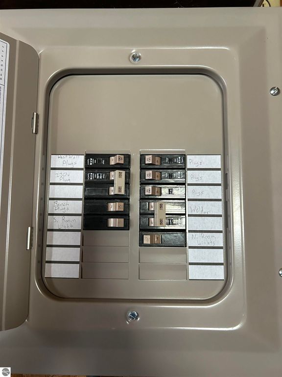 Electrical panel with labeled circuit breakers for various areas including plugs, a welder, and room assignments in a residential setting.
