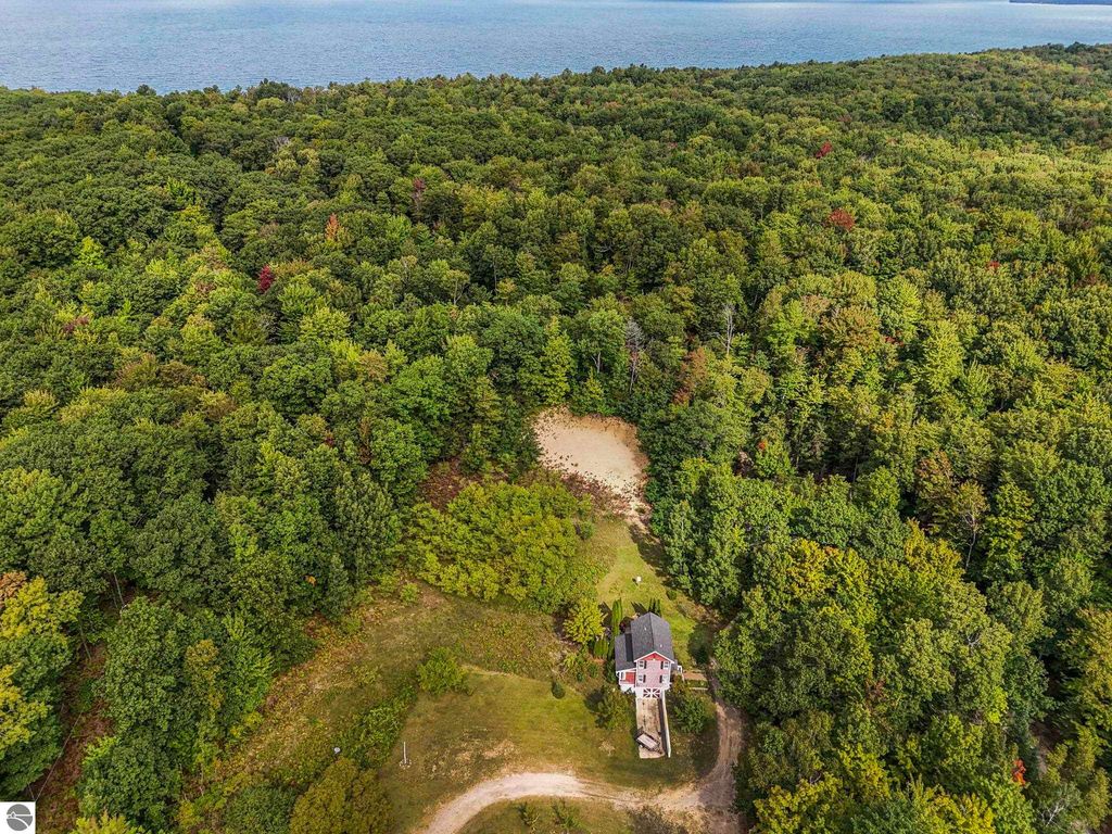 Aerial view of a unique farmhouse surrounded by lush greenery and near Lake Michigan, showcasing the 3-acre property at 5361 N Manitou Trail, Leland, MI.