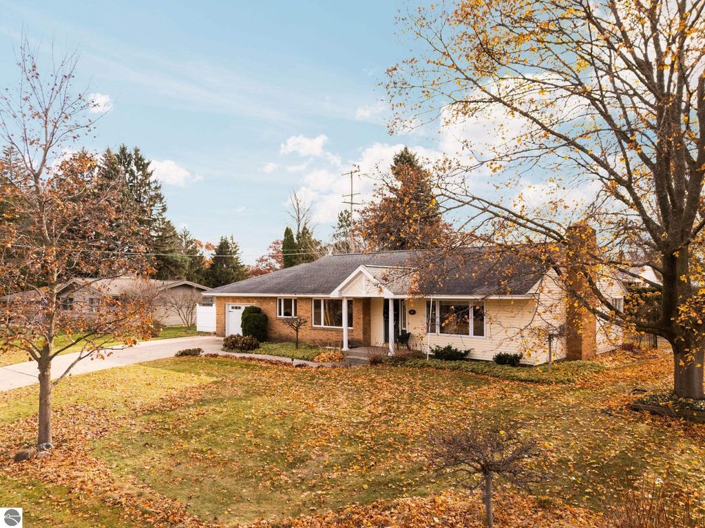 Aerial view of residential neighborhood in Traverse City, MI, showcasing homes with autumn foliage, nearby golf course, and tree-lined streets, emphasizing the peaceful suburban setting.