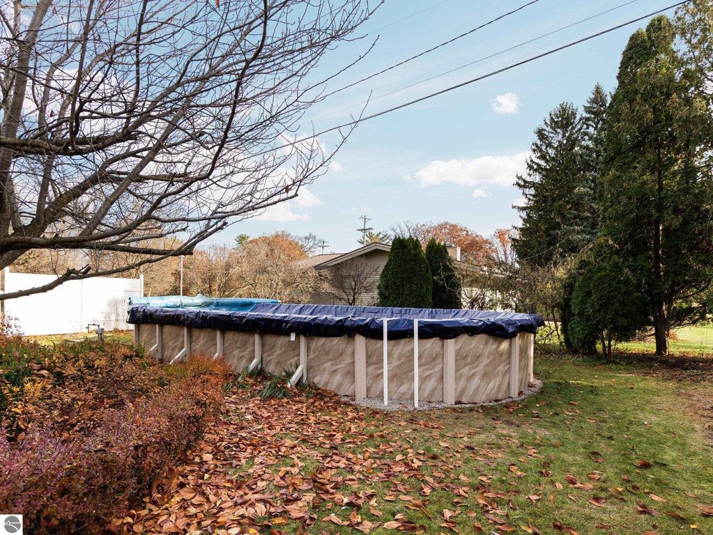 Aerial view of a golf course in Traverse City, Michigan, featuring lush green fairways, colorful autumn trees, and a clear blue sky, showcasing the scenic landscape surrounding the area.
