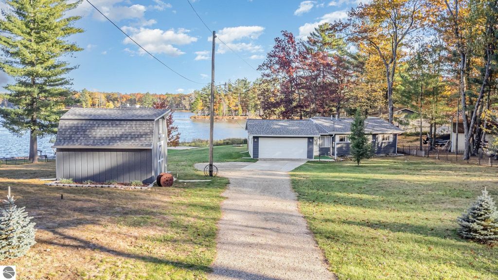 Scenic view of a beautifully landscaped property at 2096 Timber Trail, featuring a knotty-pine home, spacious yard, and access to Big Island Lake, ideal for relaxation and recreation.