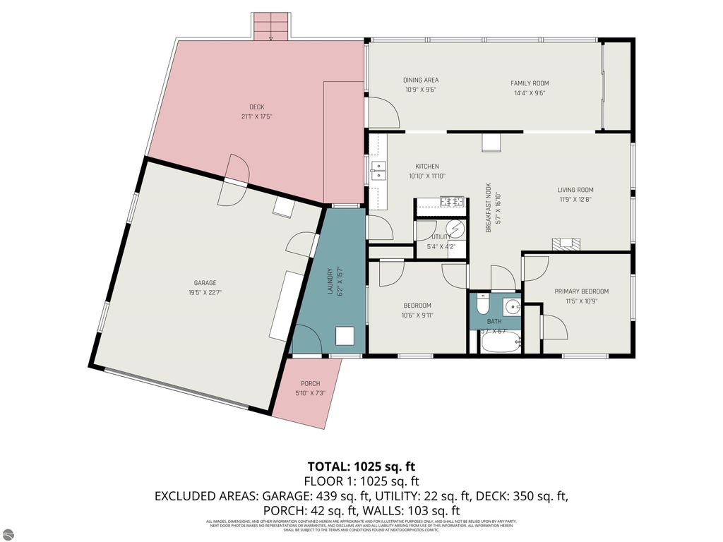 Floor plan of a 1,025 sq. ft. home featuring two bedrooms, one bath, garage, laundry, and a spacious deck, relevant to the property listing at 2096 Timber Trail, National City, MI.