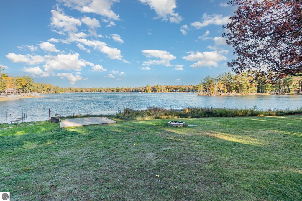 Lakefront view of Big Island Lake with grassy yard, fire pit, and dock area, showcasing serene outdoor setting near 2096 Timber Trail, National City, MI.