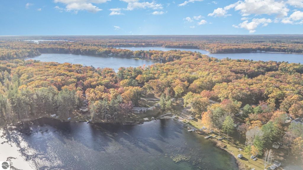Aerial view of Big Island Lake in National City, MI, showcasing vibrant autumn foliage, clear blue waters, and waterfront properties along the shoreline.