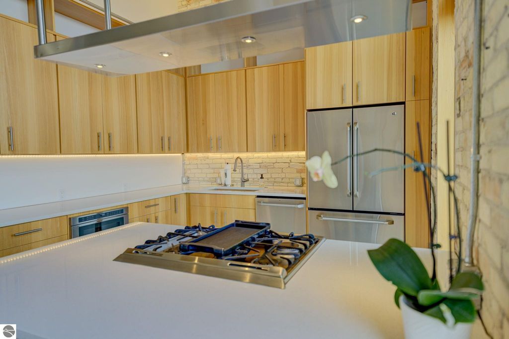 Modern kitchen featuring sleek wooden cabinetry, stainless steel appliances, gas stove with a griddle, and white quartz countertops, complemented by decorative orchid plant.