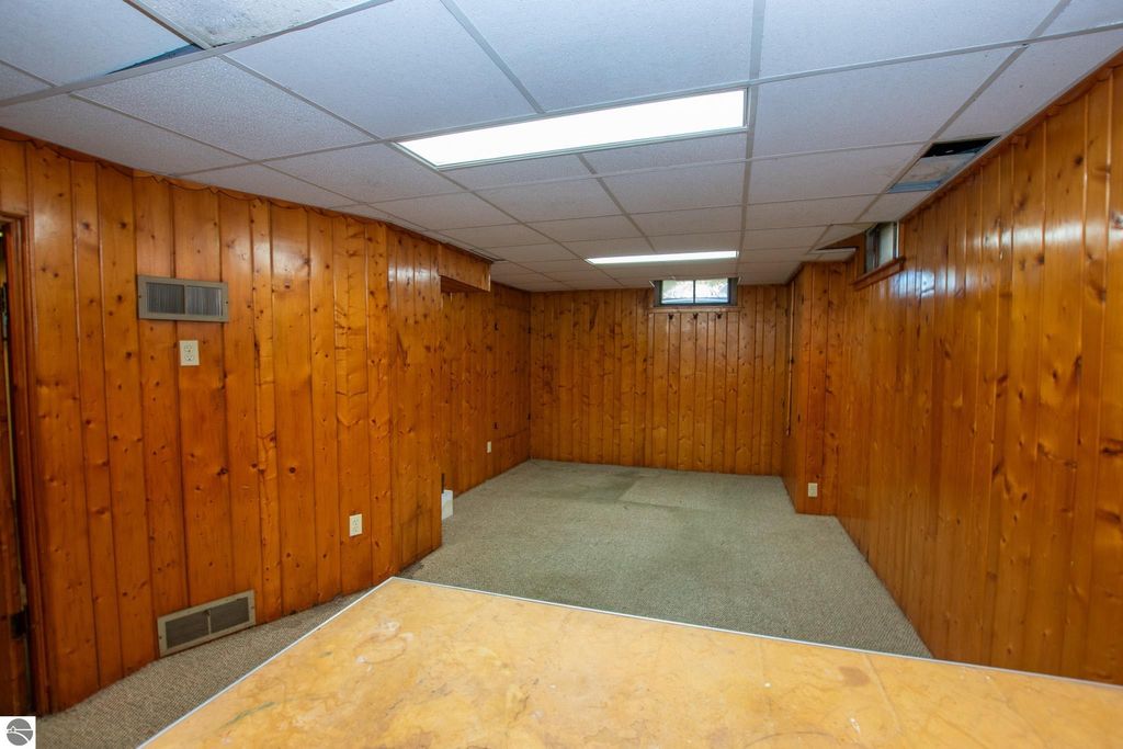 Basement room with wooden paneling, carpeted floor, and fluorescent lighting, showcasing potential for renovation or repurposing in Traverse City home listing.