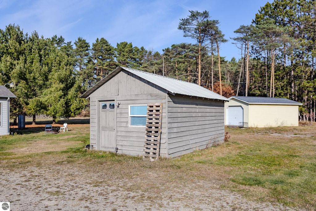 Detached storage shed on a property in Prescott, MI, surrounded by trees, with a view of the expansive yard and nearby garages.