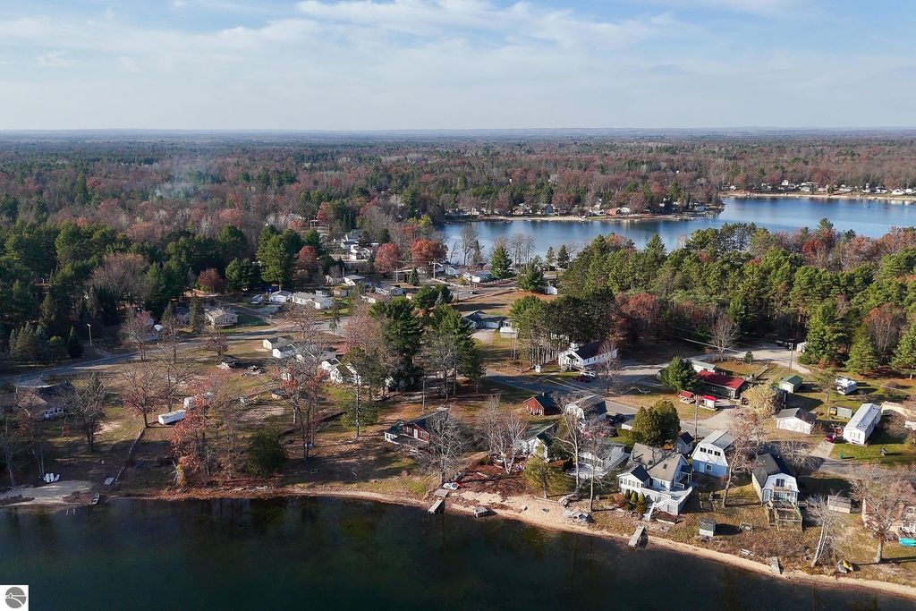 Aerial view of Prescott, MI, showing homes and proximity to Bush Lake and Skidway Lake, highlighting the serene landscape and outdoor recreational opportunities.