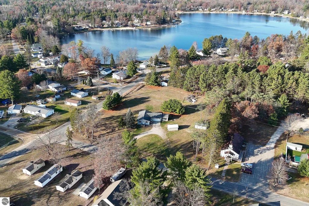 Aerial view of residential area near Skidway Lake, featuring homes, trees, and roads, emphasizing peaceful setting ideal for nature lovers near Prescott, MI.