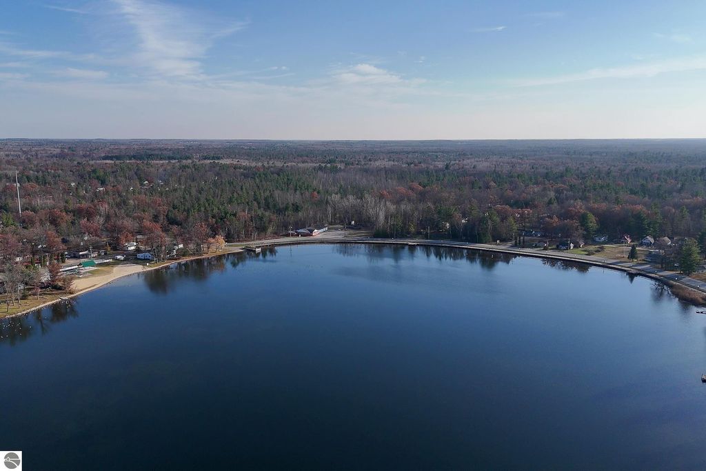 Aerial view of Skidway Lake surrounded by trees and residential homes, showcasing a peaceful natural setting ideal for outdoor activities near Prescott, MI.